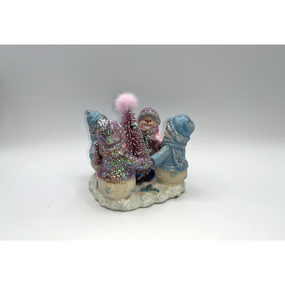 Vintage Four Pastel Pink Blue Snowmen & Pink Bottle Brush Tree Faux Fur OMG OOAK - Picture 5 of 16